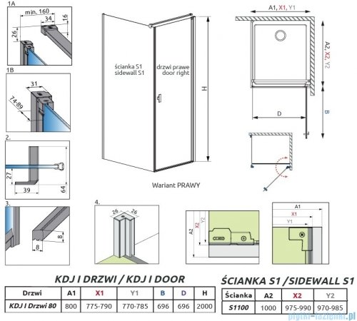 Radaway Nes 6 Kdj I Brushed Light Gold kabina 80x100cm prawa szczotkowane jasne złoto 10022080-98-01R/10039100-01-01
