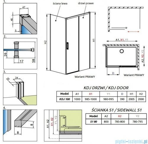 Radaway Idea Kdj kabina 100x80cm prawa szkło przejrzyste + brodzik Doros D + syfon