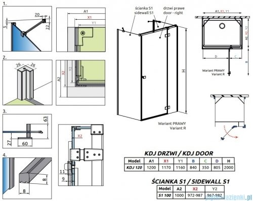 Radaway Essenza Brushed Copper Kdj+S kabina 100x120x100cm prawa szczotkowana miedź 1384052-01-01/1385024-93-01R/1384052-01-01
