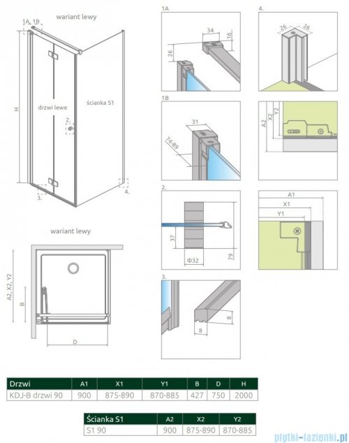 Radaway Nes Black KDJ B kabina 90x90 lewa przejrzyste 10025090-54-01L/10039090-01-01