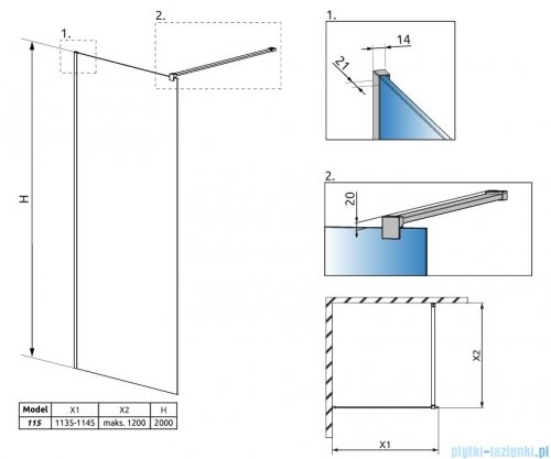Radaway Modo New II Brushed Nickel kabina Walk-in 115x200 szczotkowany nikiel 389115-91-01