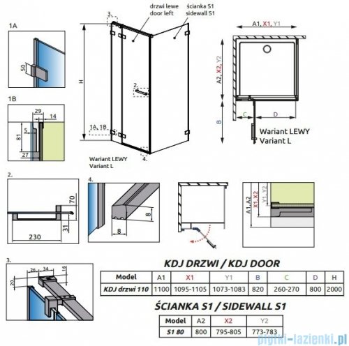 Radaway Euphoria KDJ Kabina prysznicowa 110x80 lewa szkło przejrzyste rysuenk techniczny