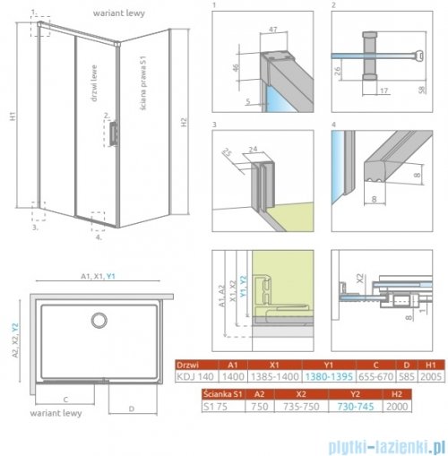 Radaway Idea Kdj Brushed Copper kabina 140x75cm lewa szczotkowana miedź 387044-93-01L/387049-93-01R