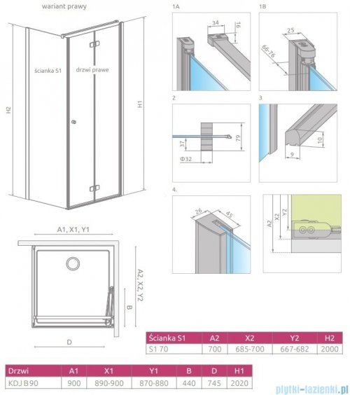 Radaway Fuenta New KDJ-B kabina 90x70 prawa przejrzyste 384082-01-01R/384048-01-01