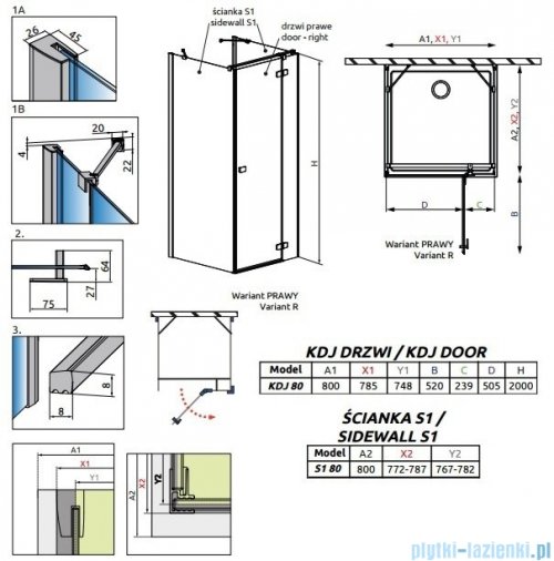 Radaway Fuenta New Kdj+S kabina 80x80x80cm prawa szkło przejrzyste 384021-01-01R/384051-01-01/384051-01-01