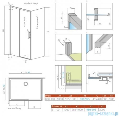 Radaway Idea Kdj Brushed Nickel kabina 100x100cm lewa szczotkowany nikiel 387040-91-01L/387052-91-01R