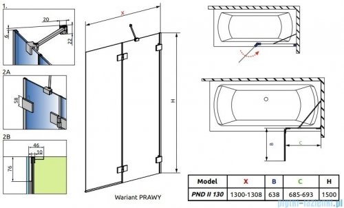 Radaway Essenza Pro Brushed Nickel Pnd II parawan nawannowy 130cm prawy szczotkowany nikiel 10102130-91-01R