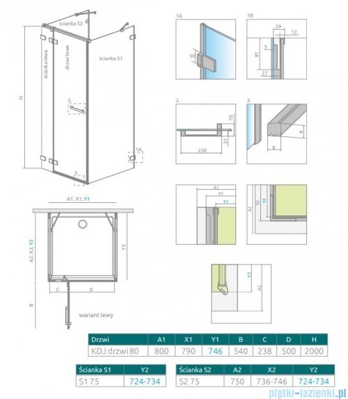 Radaway Euphoria KDJ+S Kabina przyścienna 75x80x75 lewa szkło przejrzyste 383512-01L/383221-01L/383056-01/383034-01