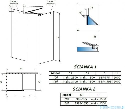 Radaway Modo New Black III kabina Walk-in 160x100x200 szkło przejrzyste 389164-54-01/389104-54-01/389000-54