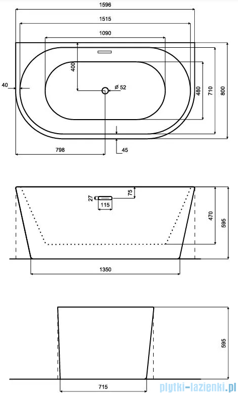 Besco Vica New wanna 160x80cm wolnostojąca przyścienna z przelewem szczelinowym slim syfon klik-klak chrom #WAS-160VN