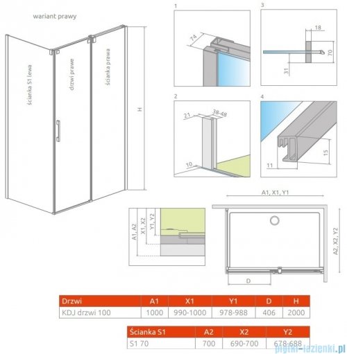 Radaway Espera KDJ Kabina 100x70 prawa szkło przejrzyste 380495-01R/380230-01R/380147-01L
