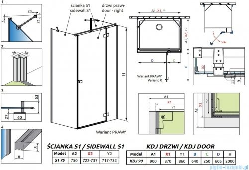 Radaway Essenza Kdj+S kabina 75x90x75cm prawa szkło przejrzyste 1384049-01-01/1385020-01-01R/1384049-01-01