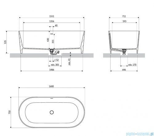 Omnires Ovo M+ wanna wolnostojąca z przelewem 160 x 75 cm coral mat OVO160WWZPCO