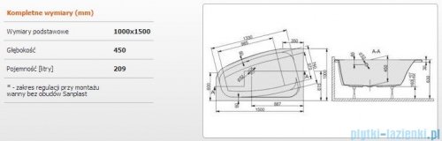 Sanplast Free Line Wanna asymetryczna lewa+stelaż WAL/FREE 150x100+ST27, 610-040-0860-01-000