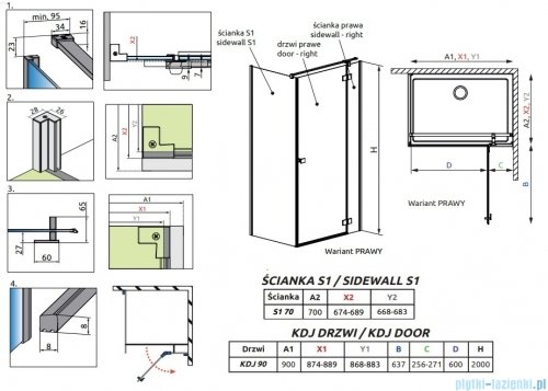 Radaway Essenza 8 Brushed Nickel Kdj kabina 90x70cm prawa szczotkowany nikiel 10480612-01-01R/10470237-91-01R/10113070-01-01