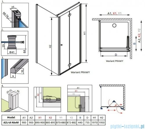 Eos KDJ-B Radaway kabina prysznicowa 90x90 prawa szkło przejrzyste 37403-01-01NR