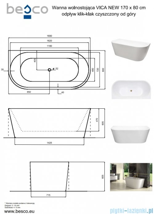 Besco Vica New wanna 170x80cm wolnostojąca przyścienna z odpływem klik-klak czarny matt #WAS-170VNCO
