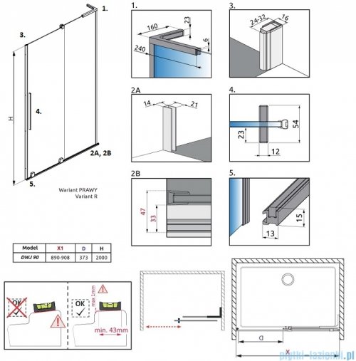 Radaway Furo SL Brushed Nickel DWJ drzwi prysznicowe 90cm prawe szczotkowany nikiel 10307472-91-01R/10110430-01-01