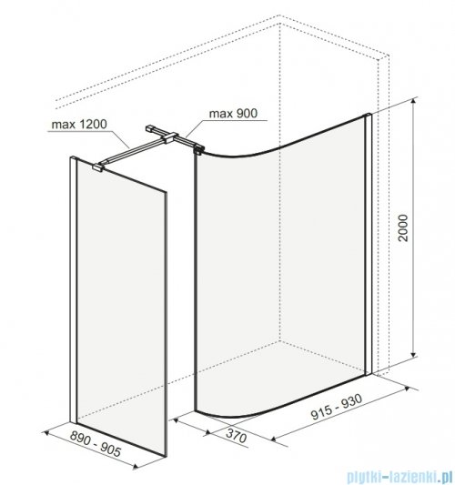 Excellent Vidoq walk-in kabina prysznicowa gięta, ścianka prosta 90cm, ścianka gięta 93cm czarny mat KAEX.1507.K.0900.0930.BL