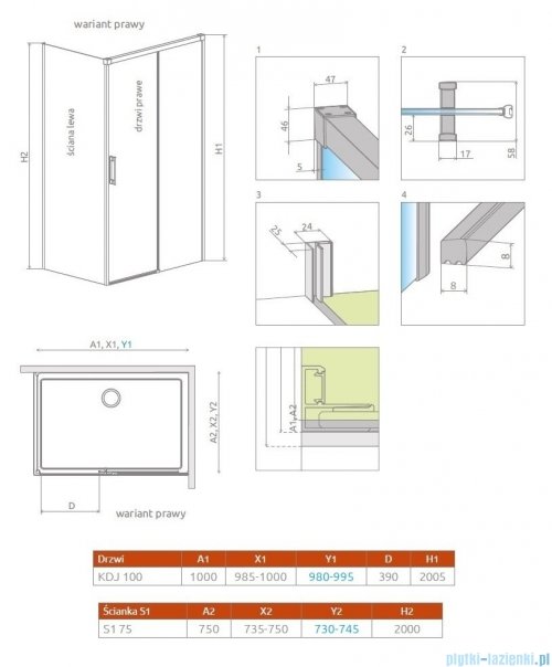 Radaway Idea Gold Kdj kabina 100x75cm prawa złoty połysk/szkło przejrzyste 387040-09-01R/387049-09-01L