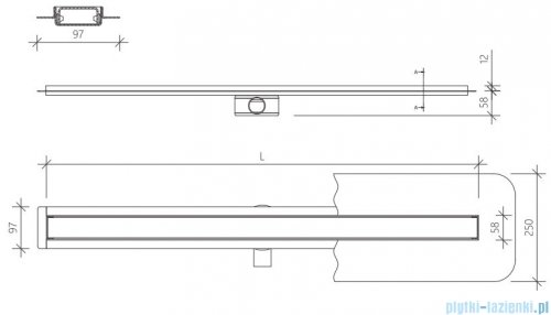 Wiper Premium Slim Ponente odpływ liniowy 80 cm z kołnierzem rysunek techniczny