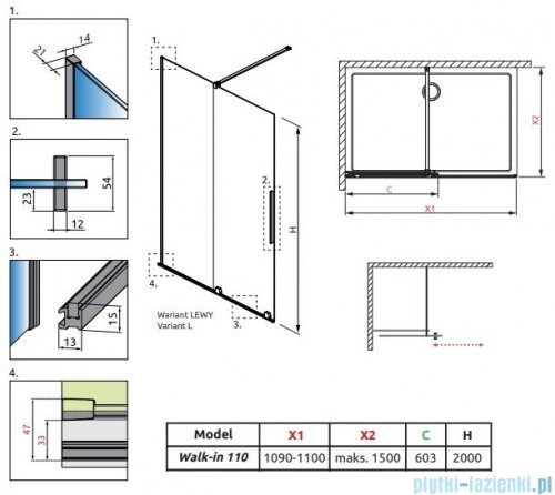 Radaway Furo Gold Walk-in kabina 110x200cm lewa szkło przejrzyste 10106588-09-01L/10110544-01-01