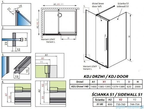 Radaway Furo Kdj Brushed Nickel kabina 140x80cm lewa szczotkowany nikiel 10104722-91-01L/10110680-01-01/10113080-01-01