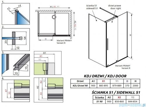 Radaway Furo Kdj Brushed GunMetal kabina 90x90cm prawa szczotkowany grafit 10104472-92-01R/10110430-01-01/10113090-01-01