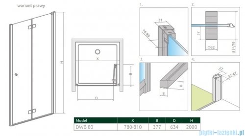 Radaway Nes 8 Dwb drzwi wnękowe 80cm prawe przejrzyste 10079080-01-01R