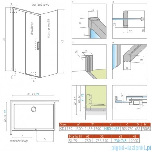 Radaway Idea Kdj Brushed Copper kabina 150x75cm lewa szczotkowana miedź 387045-93-01L/387049-93-01R