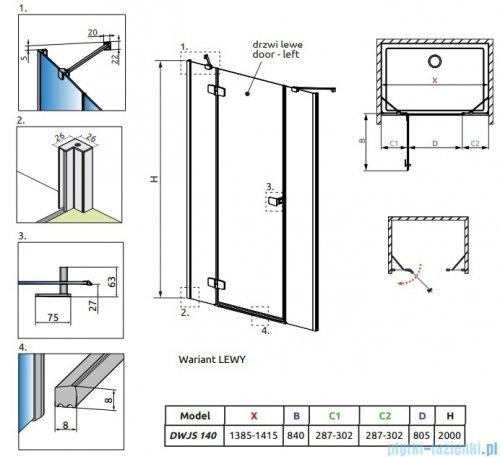 Radaway Fuenta Dwjs drzwi wnękowe 140cm lewe chrom połysk szkło przejrzyste 1384033-01-01L/1384090-01-01
