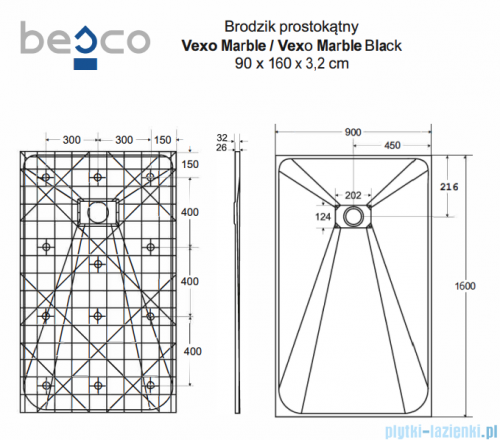 Besco Vexo Marble Black 160x90cm brodzik prostokątny VMB-160-90-P