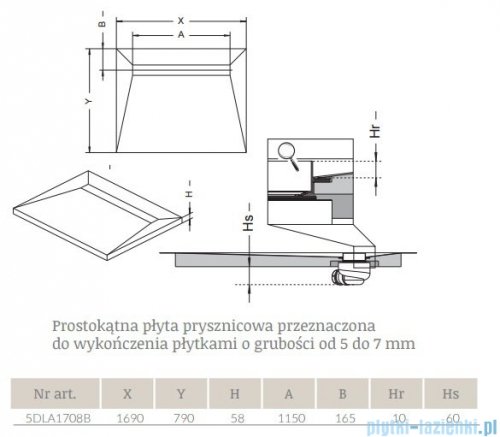 Radaway prostokątny brodzik podpłytkowy z odpływem liniowym Rain na dłuższym boku 169x79cm 5DLA1708B,5R115R,5SL1