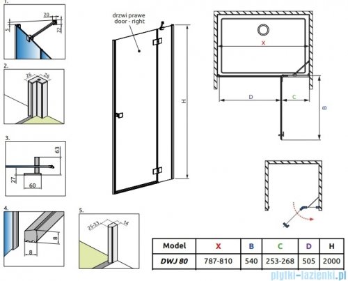 Radaway Essenza Brushed Nickel Dwj drzwi wnękowe 80cm prawe szczotkowany nikiel/szkło przejrzyste 1385012-91-01R