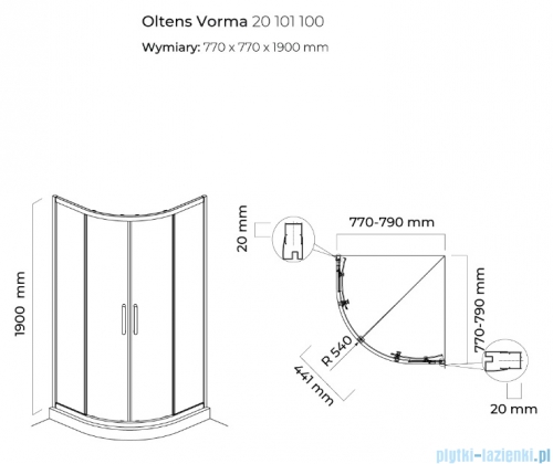 Oltens Vorma kabina prysznicowa półokrągła szkło przejrzyste 80x80cm 20101100