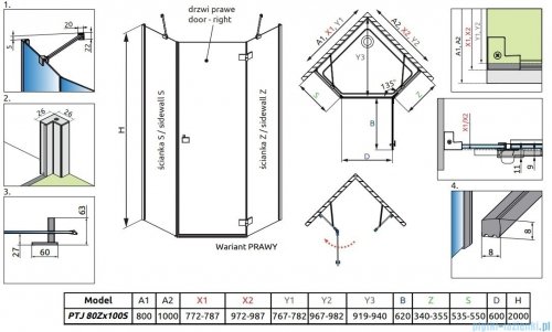 Radaway Essenza Black Ptj kabina pięciokątna 80x100cm prawa szkło przejrzyste 1385010-54-01R/1385054-01-01