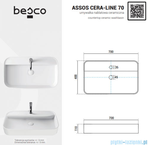 Besco Assos Cera-Line White umywalka nablatowa biała 70 cm biały połysk UNC-70-ASB