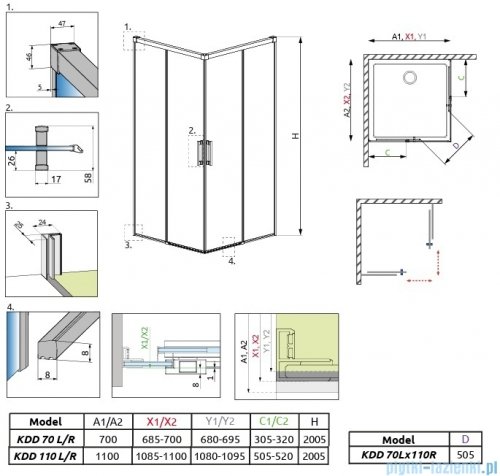 Radaway Idea Gold Kdd kabina 70x110cm złoty połysk/szkło przejrzyste 387065-09-01L/387063-09-01R