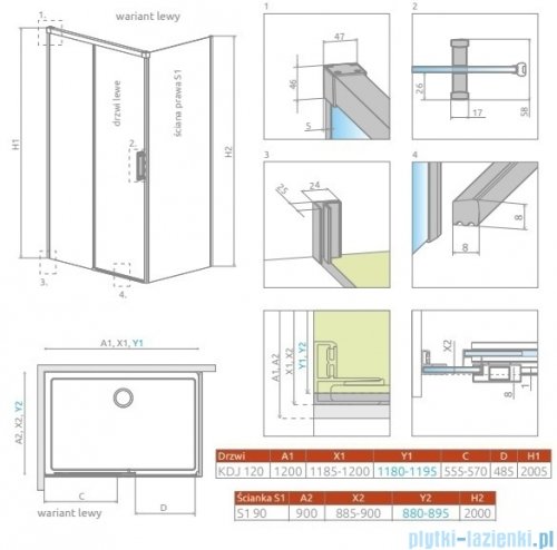 Radaway Idea Kdj Brushed Nickel kabina 120x90cm lewa szczotkowany nikiel 387042-91-01L/387050-91-01R