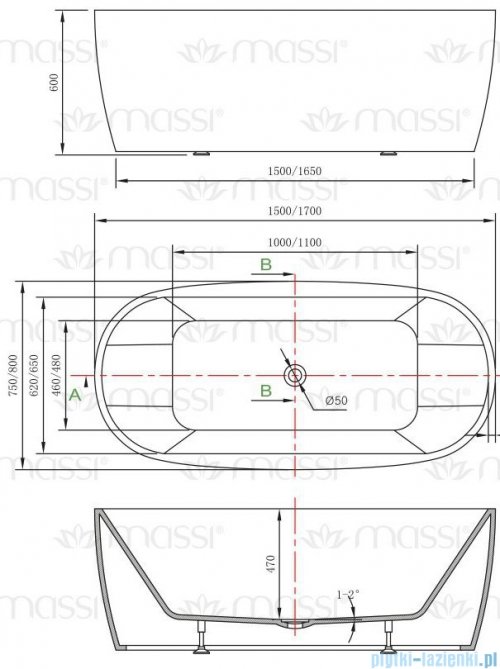 Massi Elegant 150 wanna wolnostojąca 150x75cm biała + syfon MSWA-822150