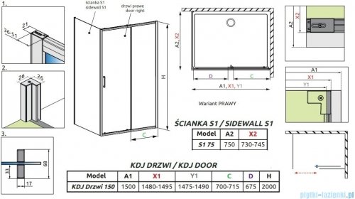 Radaway Premium Pro Black Kdj kabina 150x75cm prawa czarny mat/szkło przejrzyste 1015150-54-01R/1016075-54-01