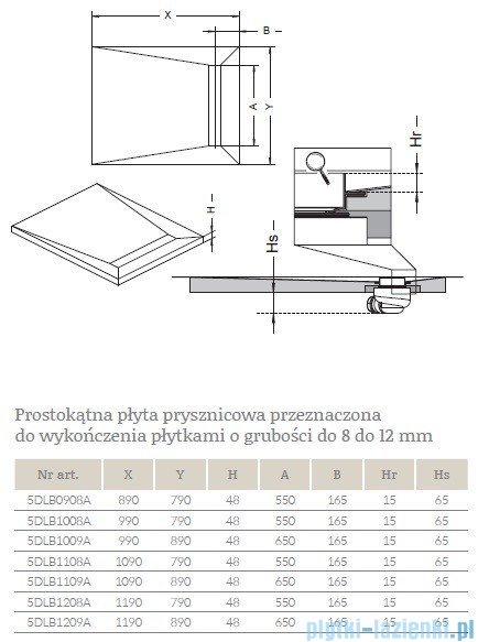 Radaway prostokątny brodzik podpłytkowy z odpływem liniowym Flowers na krótszym boku 109x89cm 5DLB1109A,5R065F,5SL1