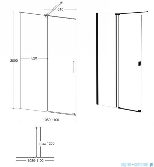 Besco Vayo Black kabina walk-in 110x200cm przejrzyste VYB-110-200C