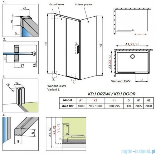 Radaway Idea Black Kdj drzwi 100cm lewe szkło przejrzyste 387040-54-01L