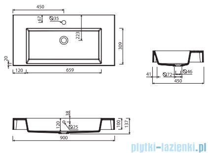 Marmorin Teo 900 umywalka wisząca 90x45 bez otworu przelewowego z otworem na baterie biała 641090020011