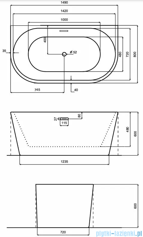 Besco Vica New wanna 170x80cm wolnostojąca przyścienna z przelewem szczelinowym slim syfon klik-klak złoty #WAS-170VNZL