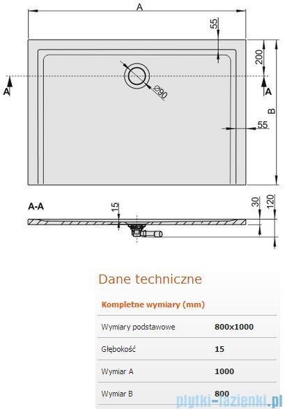 Sanplast Space Mineral brodzik prostokątny z powłoką 100x80x1,5cm+syfon 645-290-0330-01-002