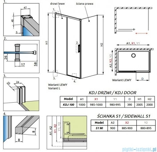 Radaway Idea Kdj Brushed GunMetal kabina 100x90cm lewa szczotkowany grafit 387040-92-01L/387050-92-01R