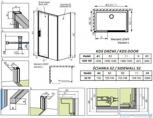 Radaway Idea Kds kabina prysznicowa 150x75 lewa przejrzyste 10115150-01-01L/10117075-01-01