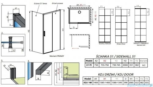 Radaway Idea Black Kdj Factory kabina prysznicowa 140x75 prawa czarny mat/szkło przejrzyste 387044-54-55R/387049-54-55L